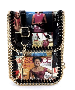 Magazine Cover Collage Chain Trimmed Large Cell Phone Case OA077L BLACKMULTI